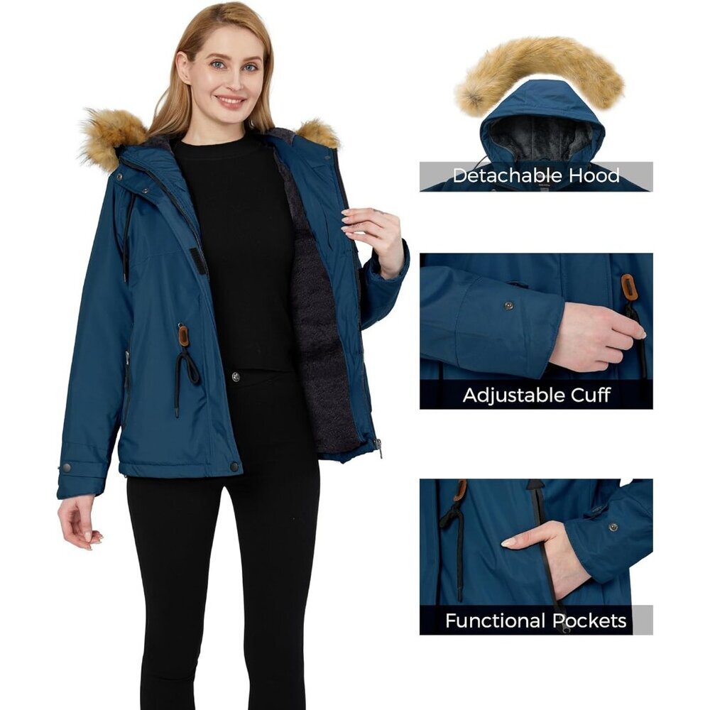 Women's Waterproof Navy Blue Snow Ski Jacket Hooded Coat Snowboarding Fleece - Picture 5 of 5
